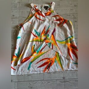 Worthington Petite Large Tropical Print Sleeveless Blouse Asymmetrical Hem PL